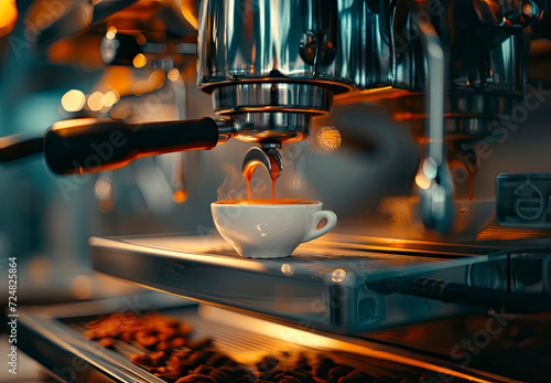 Coffee maker machine pouring espresso in a cup