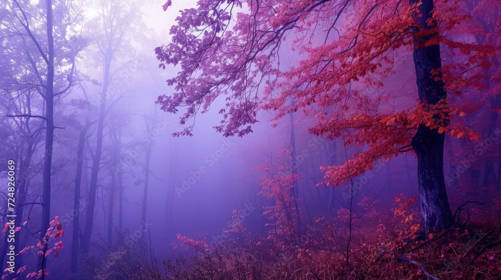 purples Tree in a foggy.Landscape, panorama of Beautiful Nature.Autumnal Background.Autumn in the Forest.