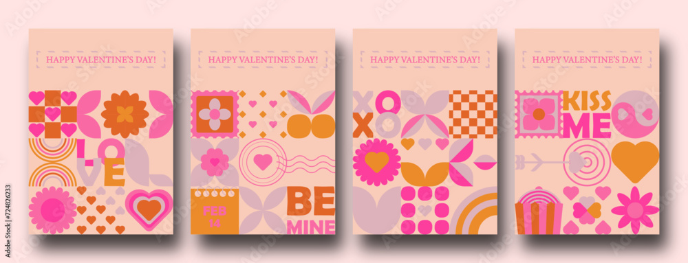 Geometric minimalist Valentine posters. Modern bauhaus brutalist bold shapes, primitive blocks swiss style. Trendy Holidays art templates.