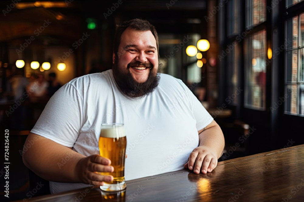 Cheerful guy drinking beer in bar, man with beard laughing, fat man holding light ale in a glass