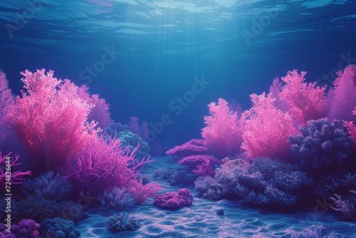 Enchanting Underwater Seascape with Radiant Pink Coral Reefs and Sunlight Rays © Qmini