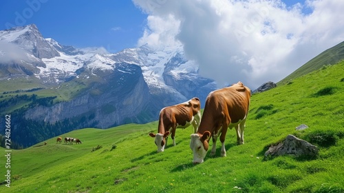 The Swiss Milk Cows eating green grass in the Alps, over the white snowing mountains, blue sky, sunny day © Shani work