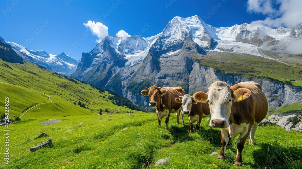 The Swiss Milk Cows on the green grass in the Alps, over the white snowing mountains