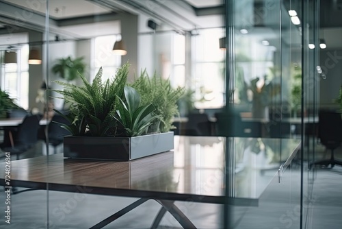 Defocus Office plant and glass wall in the lobby area