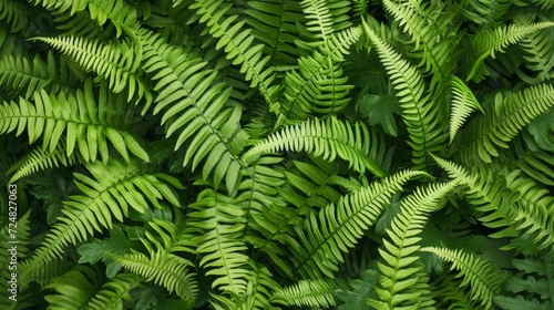 Lush ferns create a dense pattern of vibrant green fronds in a close-up botanical display. © mashimara