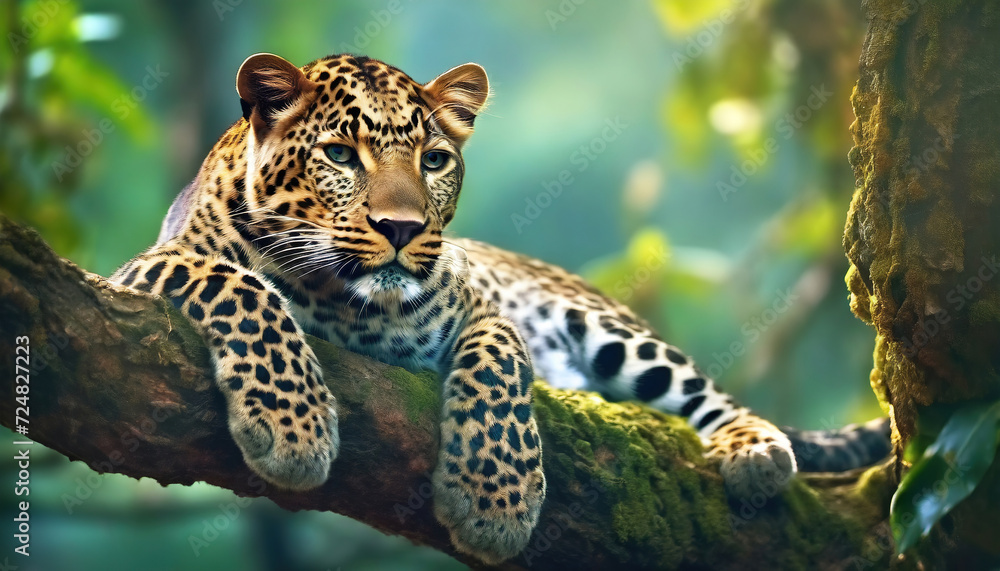 Obraz premium Leopard Poised on a Tree in a Verdant Jungle. In the embrace of greenery, a leopard's gaze pierces from its perch on a tree, perfectly camouflaged by its spotted fur