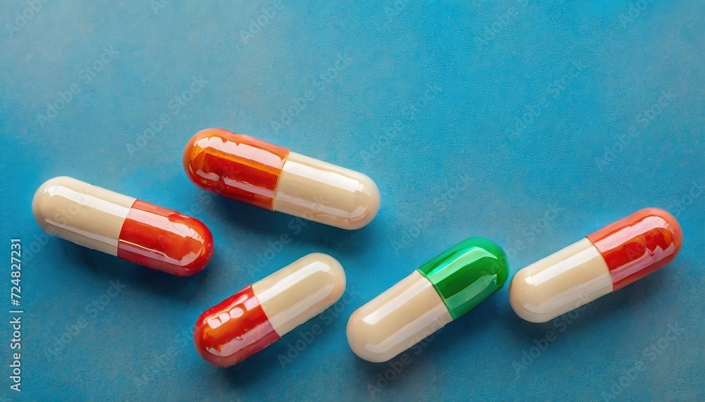 Colorful Medication Capsules on a Blue Backdrop. A collection of red and white, and green and white capsules are neatly arranged on a solid blue surface Colorful Medication Capsules on a Blue Backdrop. A collection of red and white, and green and white capsules are neatly arranged on a solid blue surface