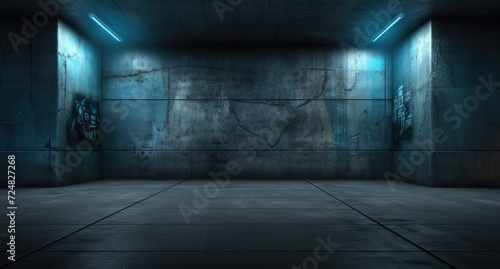 an empty old black prison type room with dark grey walls with small lights photo