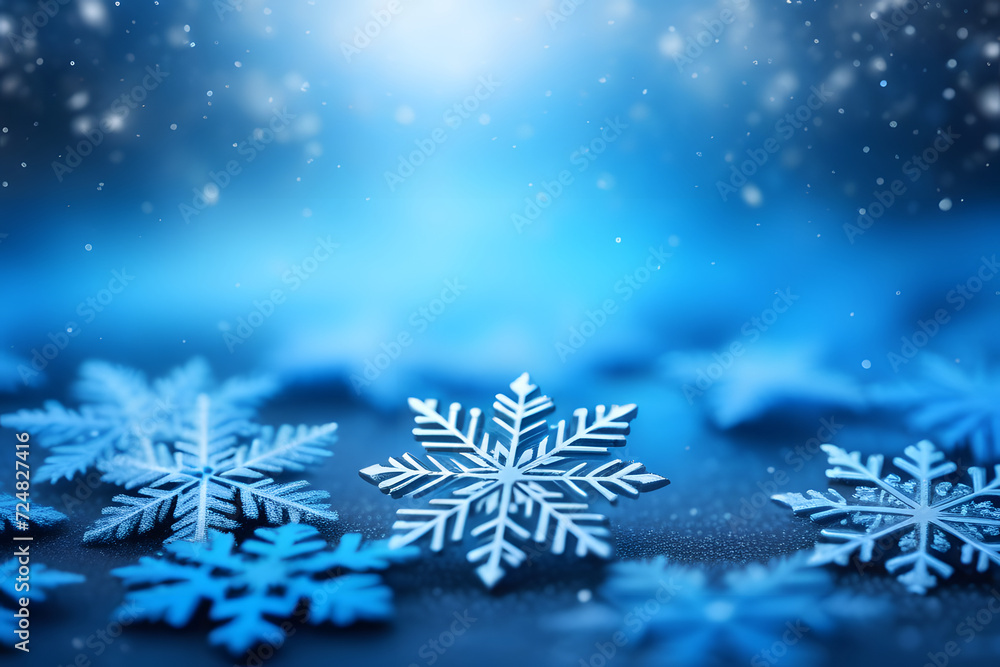 Blue and white snowflakes on a blurred background of falling snow Blue and white snowflakes on a blurred background of falling snow