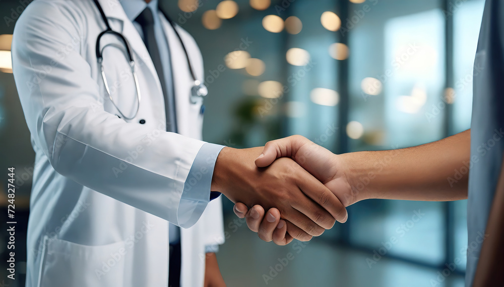 Professional Handshake between Doctor and Patient. A close-up captures a firm handshake between a person in a clinical white coat and another individual, symbolizing trust and professionalism