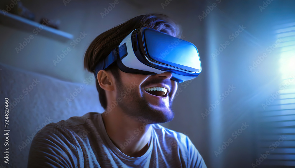 Man Experiencing Virtual Reality with a Headset. A delighted man wears a virtual reality headset, his expression reflecting the immersive and exciting nature of the technology Man Experiencing Virtual Reality with a Headset. A delighted man wears a virtual reality headset, his expression reflecting the immersive and exciting nature of the technology