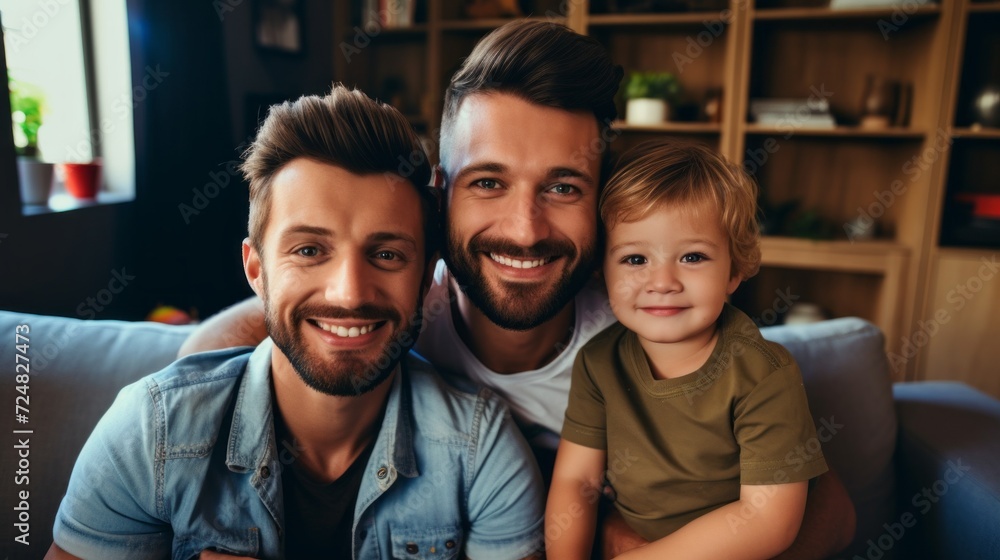 A happy smiling married couple with a child in the living room, having a good time with a threesome sitting on the couch. A happy smiling married couple with a child in the living room, having a good time with a threesome sitting on the couch.