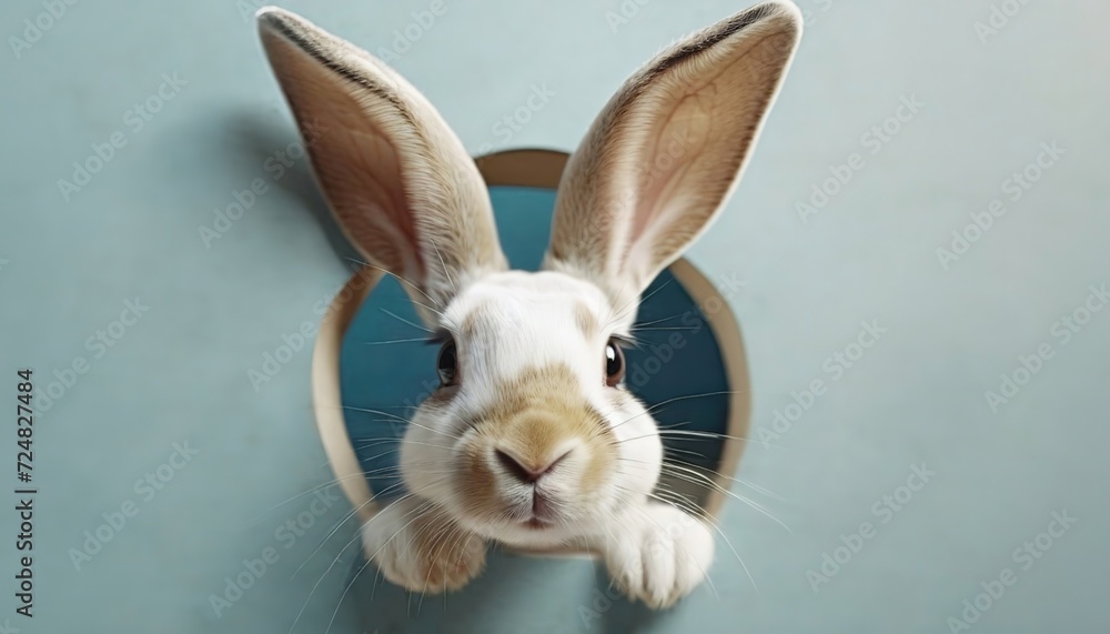 Obraz premium Rabbit peeking through a round hole. A curious bunny looking through a circular opening with its ears up and alert