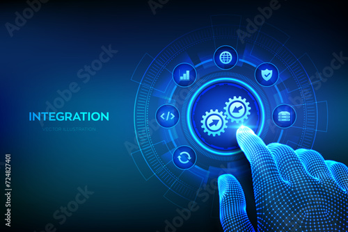 Integration data system. System Integration concept on virtual screen. Industrial smart technology. Business automation solutions. Wireframe hand touching digital interface. Vector illustration.