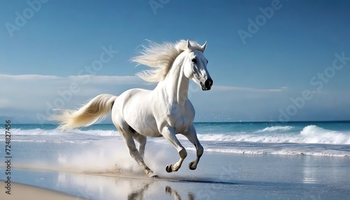 A white horse galloping along a sandy beach with ocean waves. Majestic white stallion with flowing mane runs by the sea under clear skies