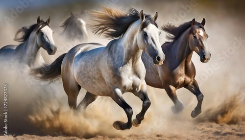 White and grey horses in motion, their manes flowing. Three horses, with white and dappled coats, appear to be racing amidst a dusty haze