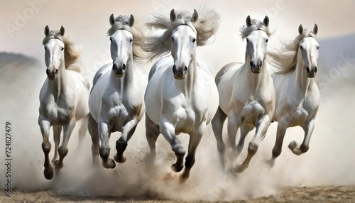 White horses galloping together in a cloud of dust. A dynamic group of five white horses mid-gallop creating a dusty trail