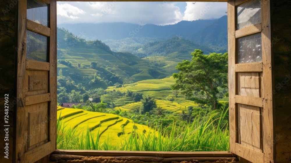 Fototapeta premium view from the window, at a wonderful landscape nature view with rice terraces and space for text