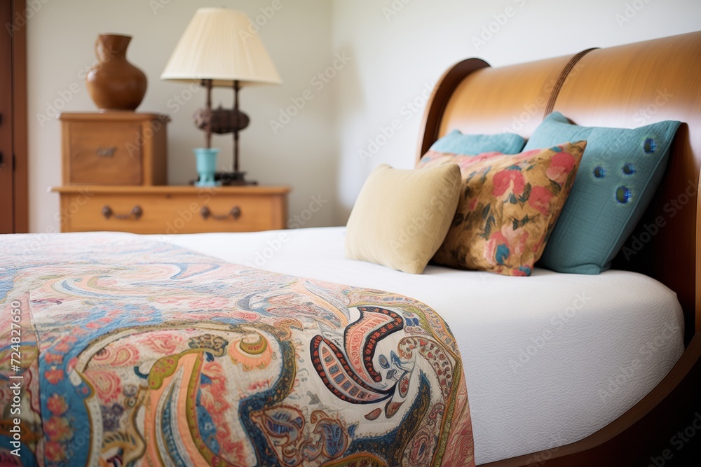 a bedspread with a paisley pattern on a sleigh bed - obrazy, fototapety, plakaty 