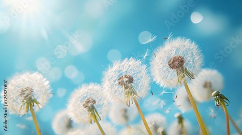 white dandelions close up view, over blue sky , blue bokeh background