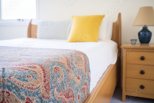 a bedspread with a paisley pattern on a sleigh bed