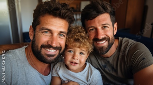 Close-up of a happy smiling gay married couple with a child in the living room, having a good time with a threesome sitting on the couch.