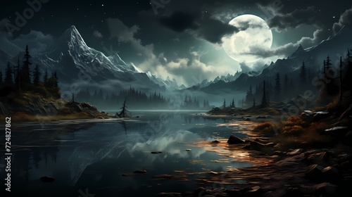 An enchanting silver moon reflecting on a glassy lake