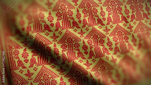 Assamese Gamosa or Gamusa embroidery motifs fabric wave loop. muga silk cloth fluttering in the wind or waving red and white cloth. red Indian pattern. photo