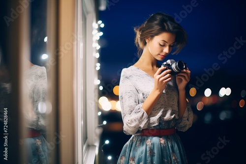 dressedup woman taking night photos with a dslr camera photo