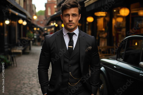 Timeless and refined as a fashionable male dons a classic suit and tie, creating an iconic fashion moment on the bustling city streets. © Shani