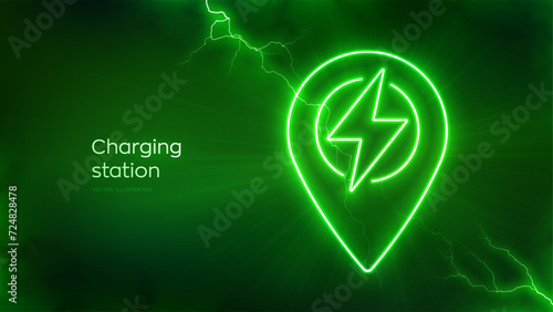 Charging station icon with electrical energy glow effect. Point of location symbol. Charging point station concept. Electric supply station. Electrical discharge effects. Vector illustration.