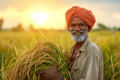 Indian male farmer in rice field bokeh style background