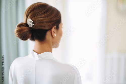 elegant hair bun with a crystalencrusted hairpin photo