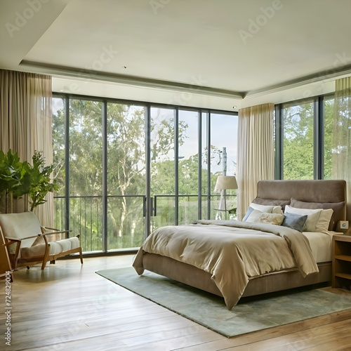 Imagine a dreamy bedroom with floor-to-ceiling windows, allowing natural light to illuminate a tastefully decorated space adorned with botanical accents. Free ai genareted image download... © Ramkrishna