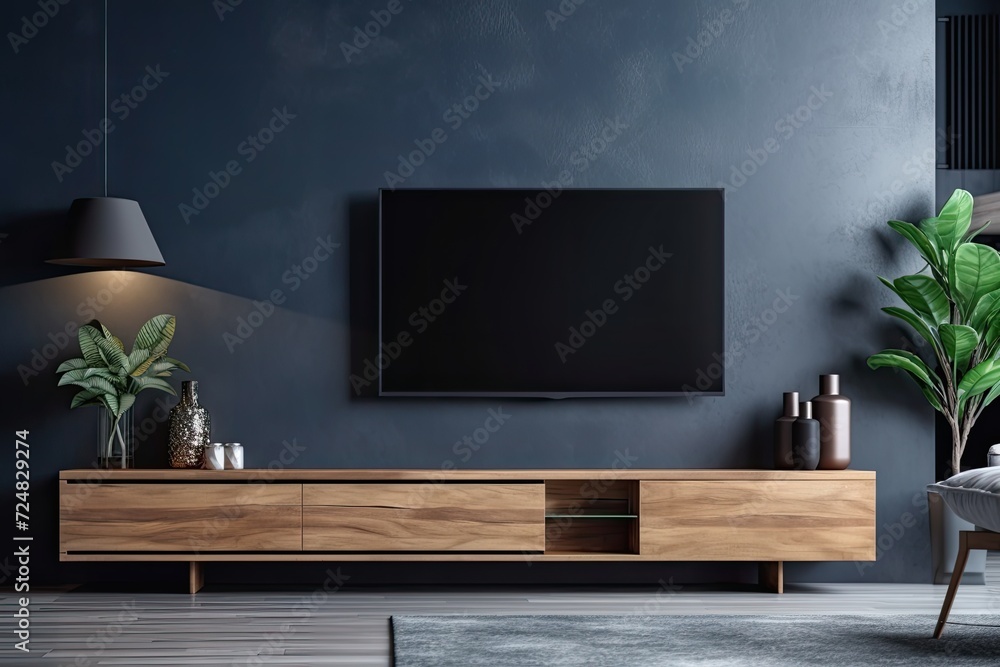 TV cabinet with sparse decorating on a background of a dark blue wall