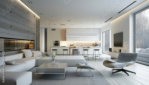 A modern minimalist home interior design with chairs. Comfortable and stylish in grey tones © markusmiller
