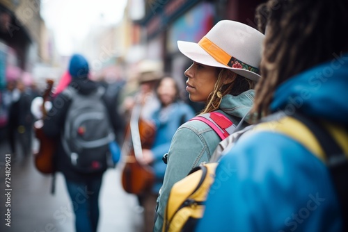 tourist with a backpack watching a street musician perform © Alfazet Chronicles