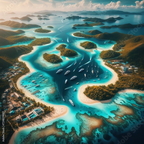 Serenity from Above: Aerial View of Tropical Islands and Boats