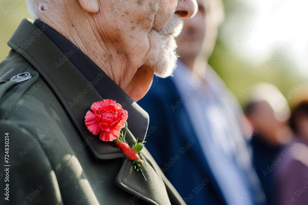 senior man with a carnation boutonniere at a military ceremony - obrazy, fototapety, plakaty 
