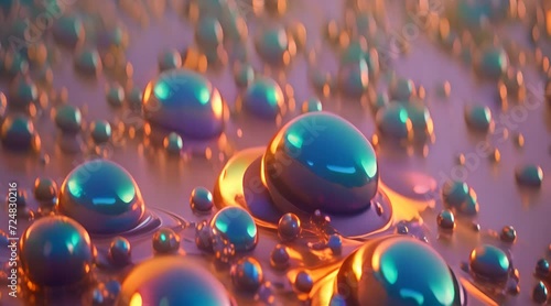 bolle metallizzate azzurre che escono da fluido metallizzato, sensazione di soddisfazione , colori metallizzati, sfere che escono fluide,  photo