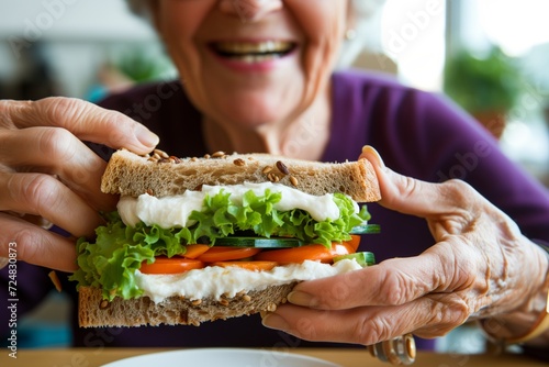 smiling senior eating a homemade whole grain sandwich with veggies