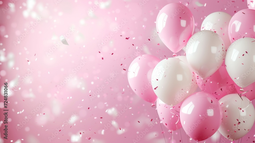 Celebration background concept with pink, white ballons and confetti, text copy space
Celebration background concept with pink, white ballons and confetti, text copy space