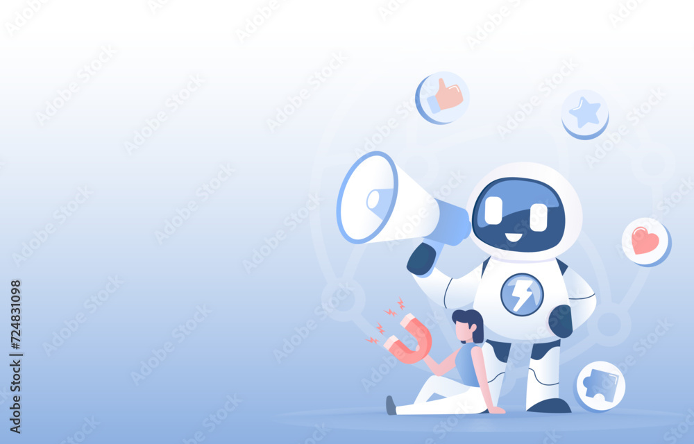 Artificial Intelligence (AI) technology and digital marketing concept. Announcement, advertisement, promotion, campaign, attract customer satisfaction. Flat vector design illustration with copy space. Artificial Intelligence (AI) technology and digital marketing concept. Announcement, advertisement, promotion, campaign, attract customer satisfaction. Flat vector design illustration with copy space.