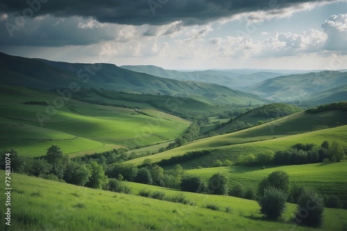 Beautiful view of green landscape against cloudy sky © StockArtEmpire.AI
