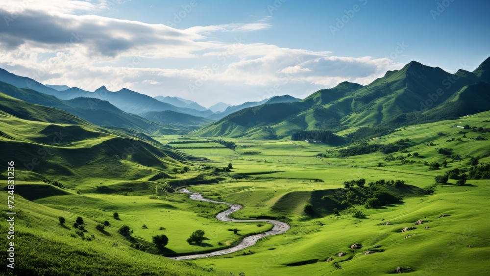Breathtaking High-Depth Landscape: Rolling Green Hills and Majestic Mountains