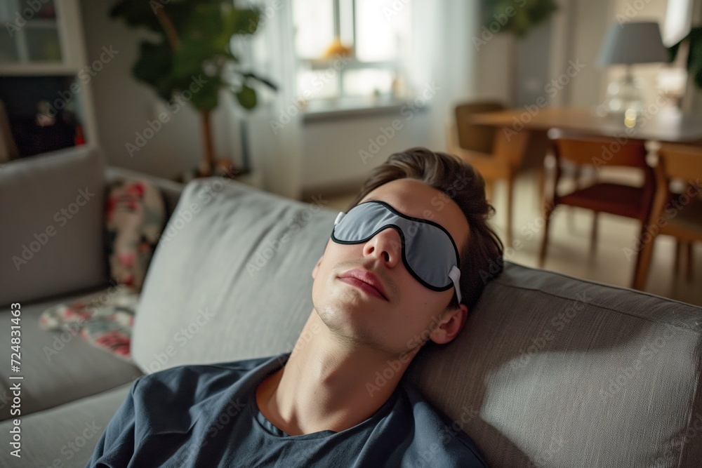 sleeper with eye mask on, in a welllit living room sleeper with eye mask on, in a welllit living room