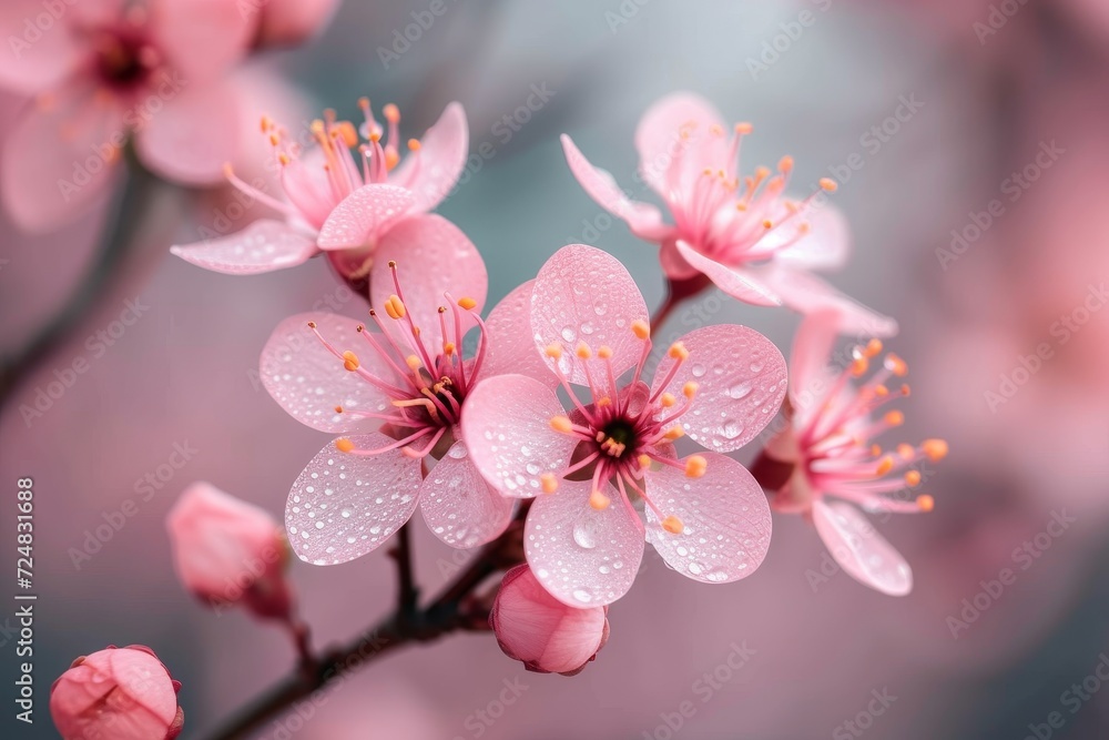 Obraz premium A delicate display of spring's arrival, showcasing the soft pink petals of a sakura blossom in full bloom amongst the lush outdoor greenery