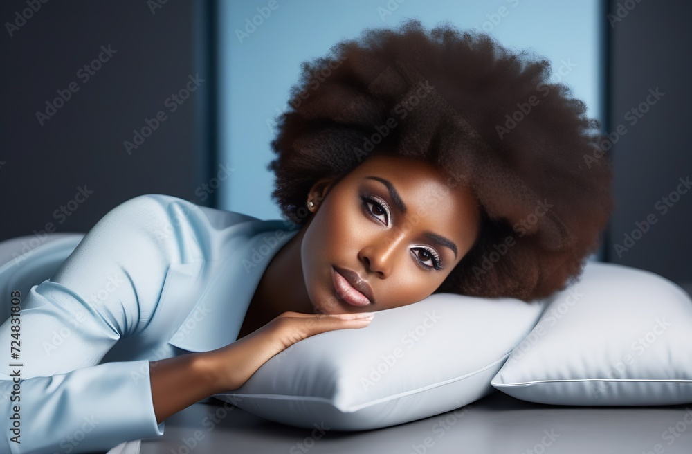 Cute african woman sleeping on pillow, peaceful face, sleeping concept Cute african woman sleeping on pillow, peaceful face, sleeping concept