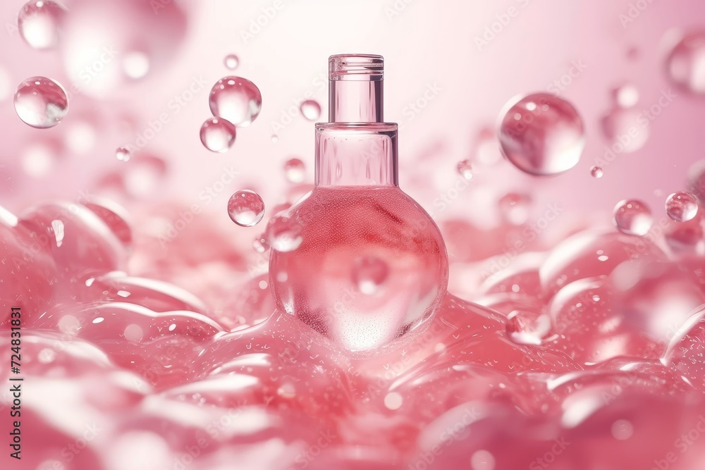 A vibrant bottle of pink liquid with dew-like droplets, hinting at the refreshing and invigorating qualities of this translucent fluid A vibrant bottle of pink liquid with dew-like droplets, hinting at the refreshing and invigorating qualities of this translucent fluid