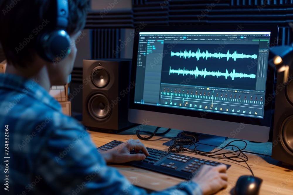 producer editing podcast on computer with waveform on screen producer editing podcast on computer with waveform on screen